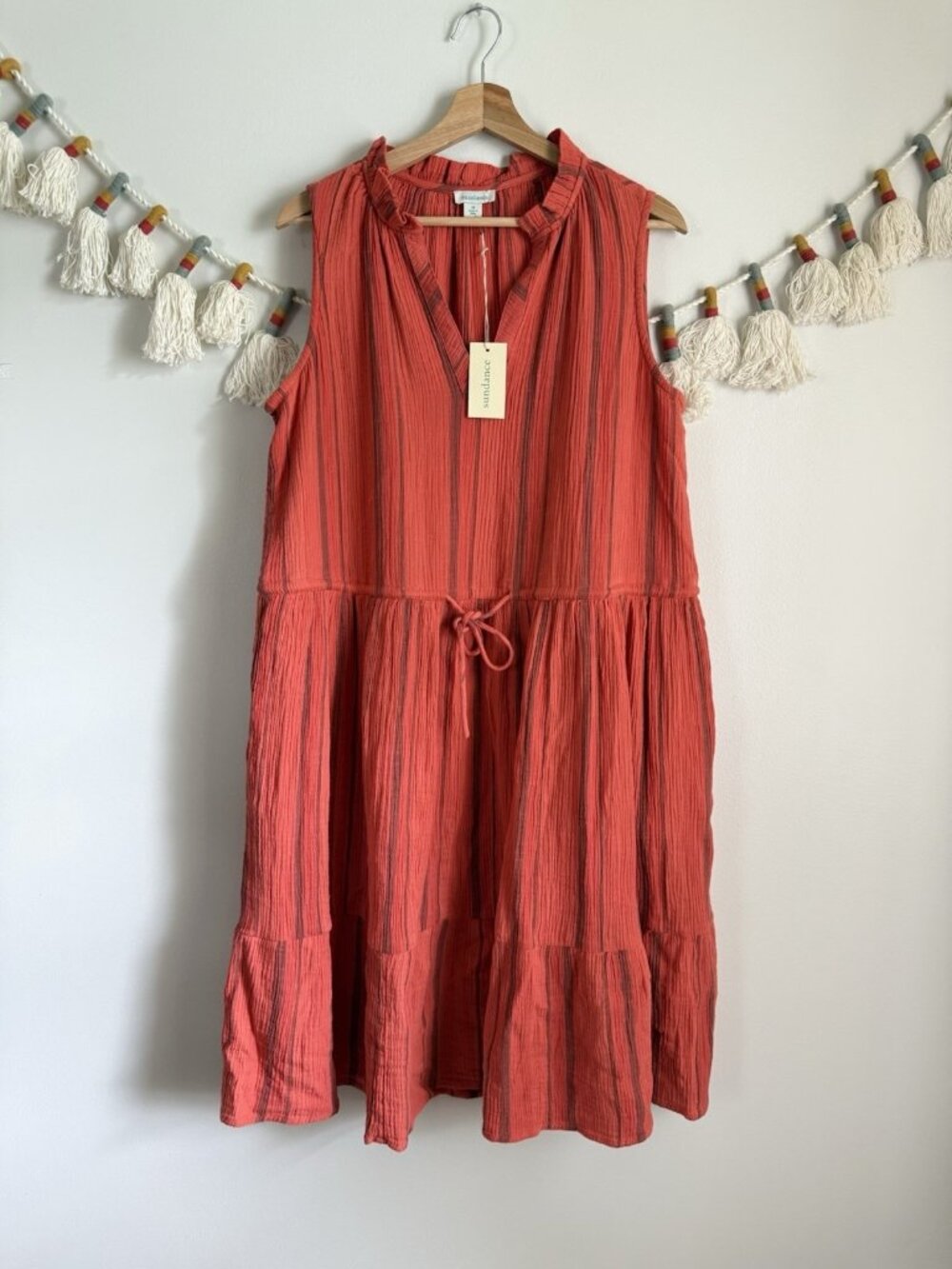 Sundance Adley Striped Gauze Cotton Mini Dress Coastal Beach Orange Flowy NWT M